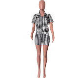 Chic Printing Zipper Short Sleeve Tops and Shorts Set HMS-5565