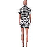 Chic Printing Zipper Short Sleeve Tops and Shorts Set HMS-5565