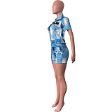 Chic Printing Zipper Short Sleeve Tops and Shorts Set HMS-5565