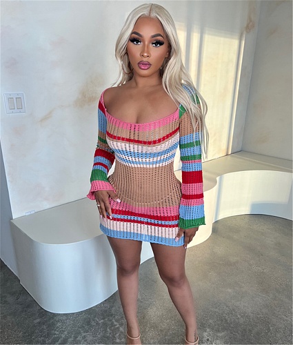 Contrast Color Striped Long Sleeve Knitted Dresses DY-6907