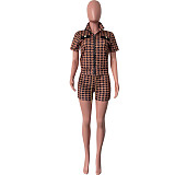 Chic Printing Zipper Short Sleeve Tops and Shorts Set HMS-5565