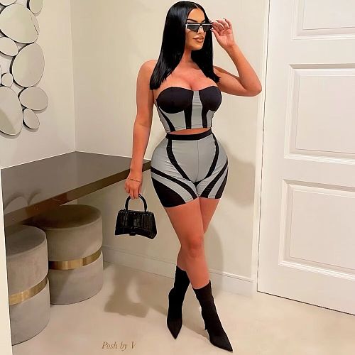 Strapless Bodycon Crop Tops Biker Shorts Two Piece Set OYF-8317
