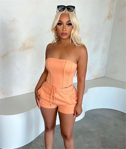 Solid Color Strapless Crop Tops and Shorts 2 Piece Set NIYA-8140