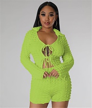 Solid Color Long Sleeve Lace Up Shirt Shorts Outfits YD-8686