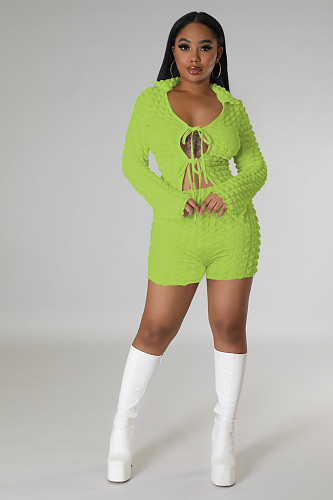 Solid Color Long Sleeve Lace Up Shirt Shorts Outfits YD-8686