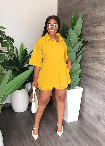 Loose Turn Down Collar Shirts Top Shorts Two Piece Set RS-9908