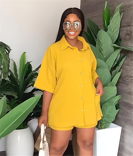 Loose Turn Down Collar Shirts Top Shorts Two Piece Set RS-9908