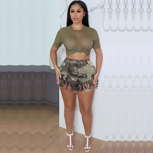 Camo Tassel Fringe High Waist Streetwear Shorts JZH-8127