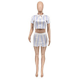 Striped Open Back Lace Up Crop Tops 2 Piece Short Sets WSY-5962