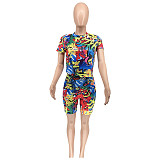 Graffiti Printing Short Sleeve T Shirt Biker Shorts Tracksuit WSY-5961