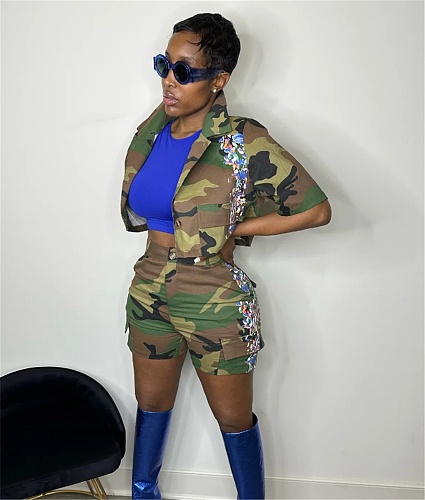Camouflage Button Up Shirt Crop Tops Cargo Shorts Suit LSL-6512