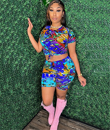 Graffiti Printing Short Sleeve T Shirt Biker Shorts Tracksuit WSY-5961