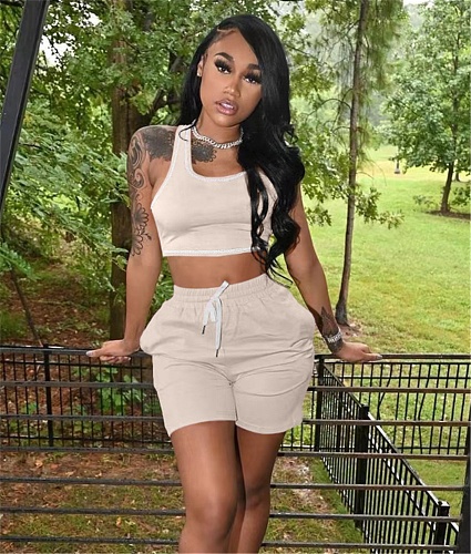 Solid Color Sleeveless Tank Crop Tops Sport Short Sets YIM-322