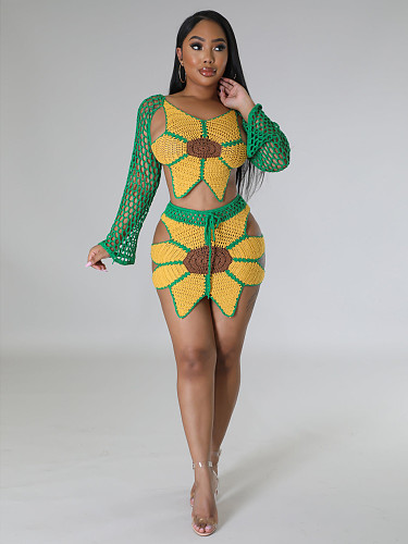 Hand-crochet Sunflowers Beachwear Cover Up 2 Piece Sets ZS-0260