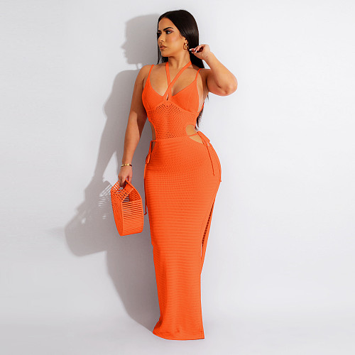 Knitting Cut Out Halter Backless High Slit Beach Dress ZS-0254