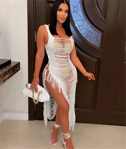 Sexy Hollow Out Sleeveless Bandage Tassel Beach Dress ZS-0259