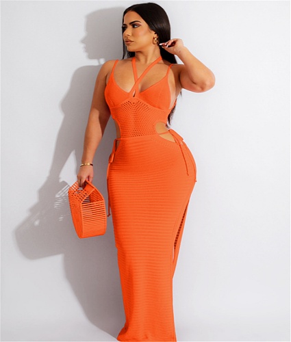 Knitting Cut Out Halter Backless High Slit Beach Dress ZS-0254