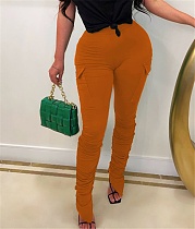 High Waist Stretch Pockets Side Ruched Skinny Pants BN-9416