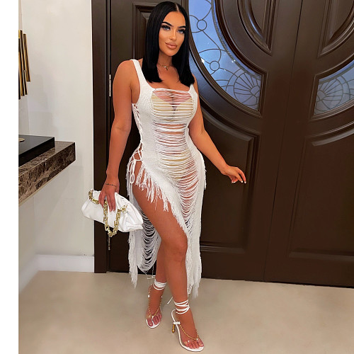 Sexy Hollow Out Sleeveless Bandage Tassel Beach Dress ZS-0259