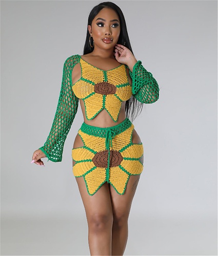 Hand-crochet Sunflowers Beachwear Cover Up 2 Piece Sets ZS-0260