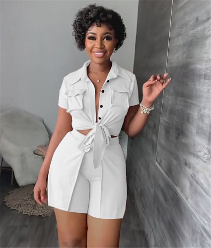 Solid Color Button Up Shirts Short Sets Two Pieces YUM-90119