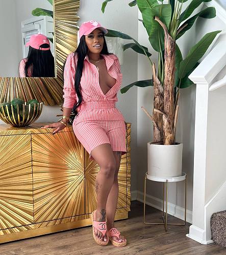 Striped Long Sleeve Shirt Tops Two Piece Short Sets HMS-5570