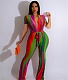 Stripe Print Deep V Neck Lace Up One Piece Jumpsuit TE-4614
