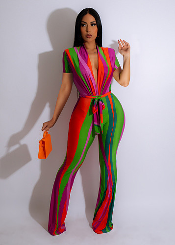 Stripe Print Deep V Neck Lace Up One Piece Jumpsuit TE-4614