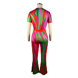 Stripe Print Deep V Neck Lace Up One Piece Jumpsuit TE-4614