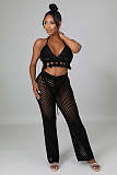 Mesh See Through Halter Backless Crop Top Pants Set OSM-4389