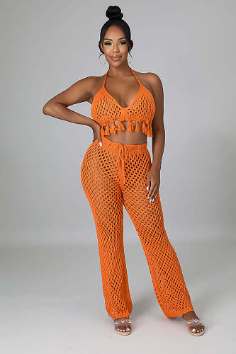 Mesh See Through Halter Backless Crop Top Pants Set OSM-4389
