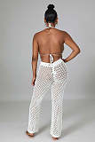 Mesh See Through Halter Backless Crop Top Pants Set OSM-4389