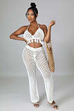 Mesh See Through Halter Backless Crop Top Pants Set OSM-4389
