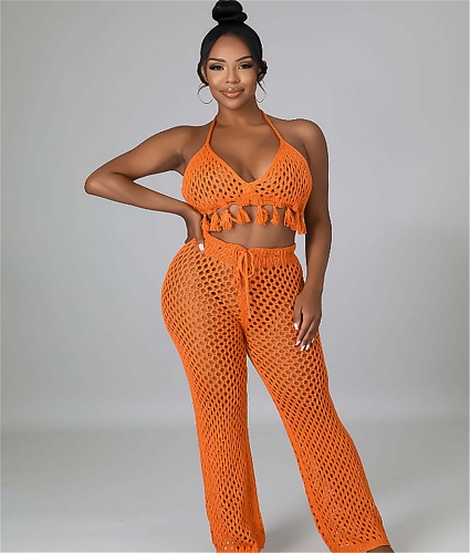 Mesh See Through Halter Backless Crop Top Pants Set OSM-4389