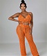 Mesh See Through Halter Backless Crop Top Pants Set OSM-4389