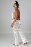 Mesh See Through Halter Backless Crop Top Pants Set OSM-4389
