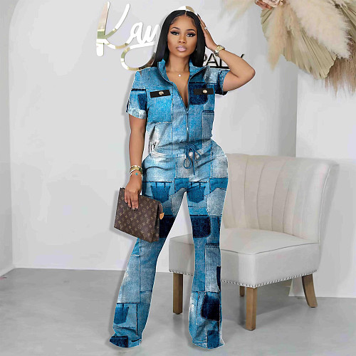 Zipper Short Sleeve Jacket Flare Pants Outfits HMS-5567