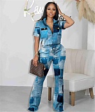 Zipper Short Sleeve Jacket Flare Pants Outfits HMS-5567