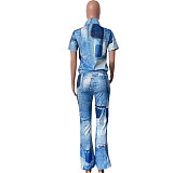 Zipper Short Sleeve Jacket Flare Pants Outfits HMS-5567