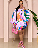 Loose Printing Slash Neck Bat Sleeve Short Dresses OD-8545