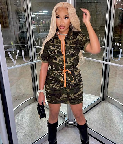 Camo Print Short Sleeve Zipper Turn Down Collar Dresses XING-270