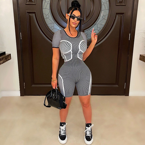 Striped Short Sleeve O Neck Skinny Fitness Rompers DAI-8500