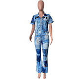 Zipper Short Sleeve Jacket Flare Pants Outfits HMS-5567