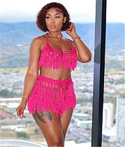 Beachwear Halter Backless Tassel Crop Tops Short Sets CN-0212