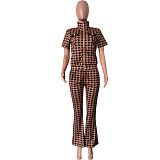 Zipper Short Sleeve Jacket Flare Pants Outfits HMS-5567
