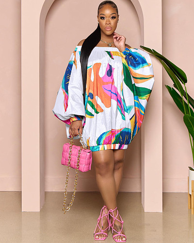 Loose Printing Slash Neck Bat Sleeve Short Dresses OD-8545