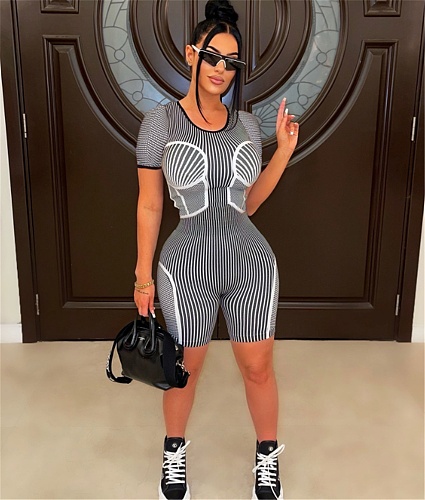 Striped Short Sleeve O Neck Skinny Fitness Rompers DAI-8500