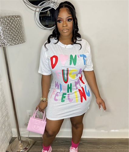 Letter Print Short Sleeve O Neck T-shirt Dresses SFY-2309