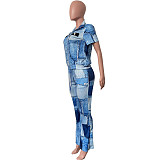 Zipper Short Sleeve Jacket Flare Pants Outfits HMS-5567