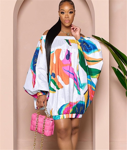 Loose Printing Slash Neck Bat Sleeve Short Dresses OD-8545
